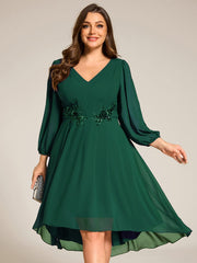 High-Low Chiffon Midi Wedding Guest Dress with Waist Applique and Long Sleeves