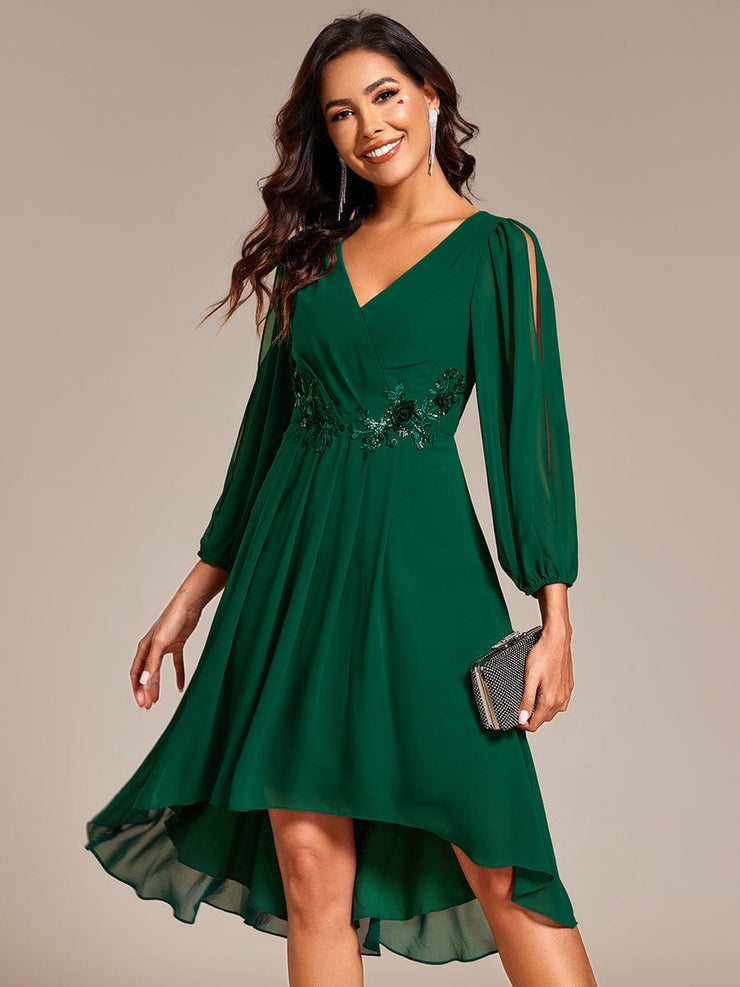 High-Low Chiffon Midi Wedding Guest Dress with Waist Applique and Long Sleeves