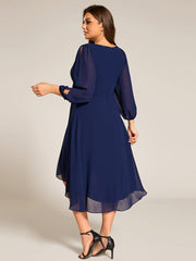 High-Low Chiffon Midi Wedding Guest Dress with Waist Applique and Long Sleeves