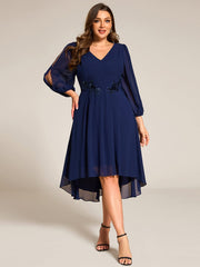 High-Low Chiffon Midi Wedding Guest Dress with Waist Applique and Long Sleeves