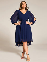 High-Low Chiffon Midi Wedding Guest Dress with Waist Applique and Long Sleeves