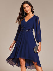 High-Low Chiffon Midi Wedding Guest Dress with Waist Applique and Long Sleeves