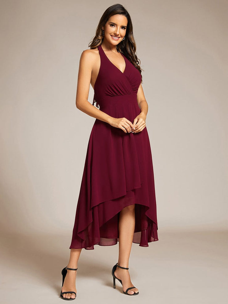 Halter Tie Neck Backless High Low Chiffon Wedding Guest Dress