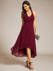 Halter Tie Neck Backless High Low Chiffon Wedding Guest Dress