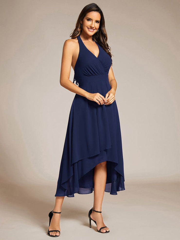 Halter Tie Neck Backless High Low Chiffon Wedding Guest Dress