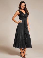 Sleeveless Twist Knot A-Line Lotus Leaf Shimmering Wedding Guest Dress