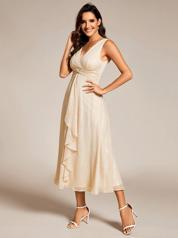 Sleeveless Twist Knot A-Line Lotus Leaf Shimmering Wedding Guest Dress