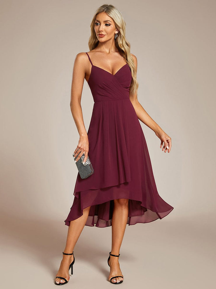 Elegant V-Neck Spaghetti Strap High-Low Chiffon Wedding Guest Dress