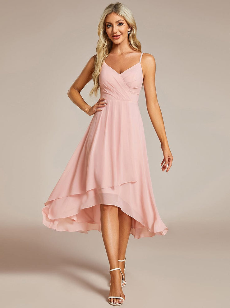 Elegant V-Neck Spaghetti Strap High-Low Chiffon Wedding Guest Dress