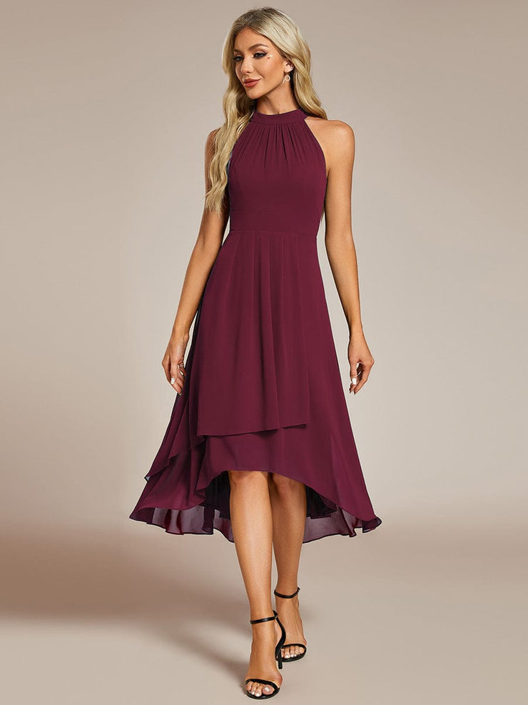 Midi A Line Sleeveless Halter Neck Wedding Guest Dress in Chiffon