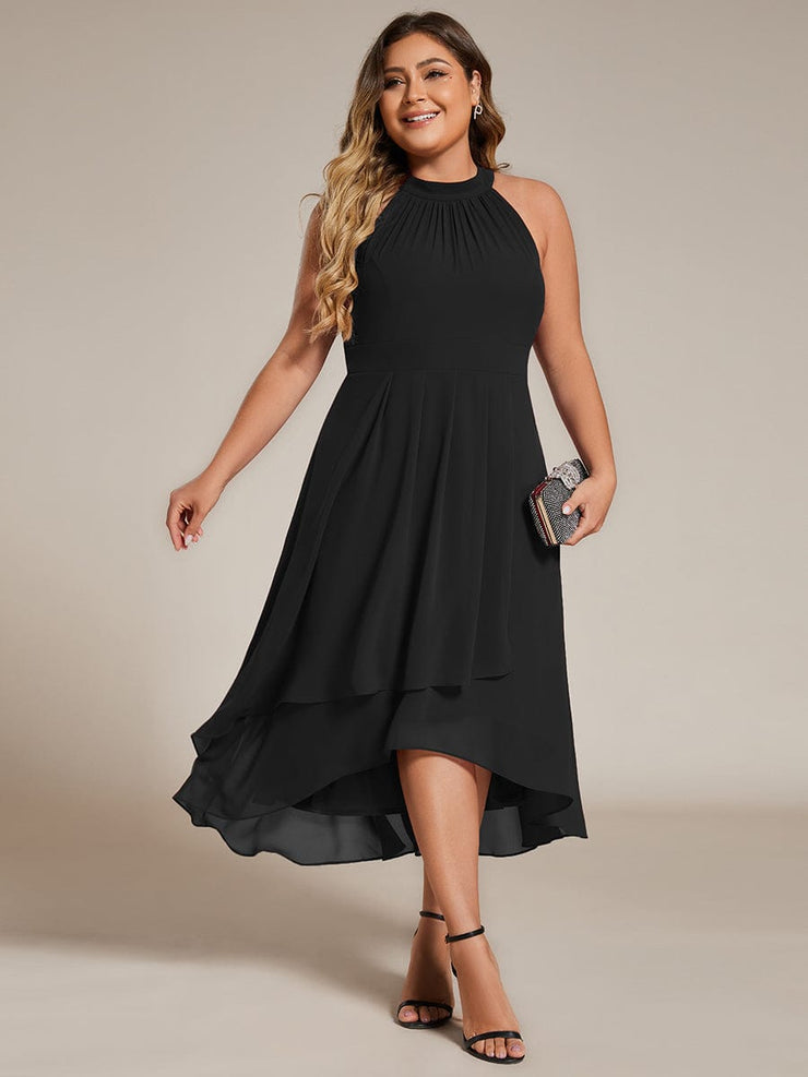 Plus Size Chiffon Sleeveless Halter Neck Midi Wedding Guest Dress