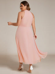 Plus Size Chiffon Sleeveless Halter Neck Midi Wedding Guest Dress