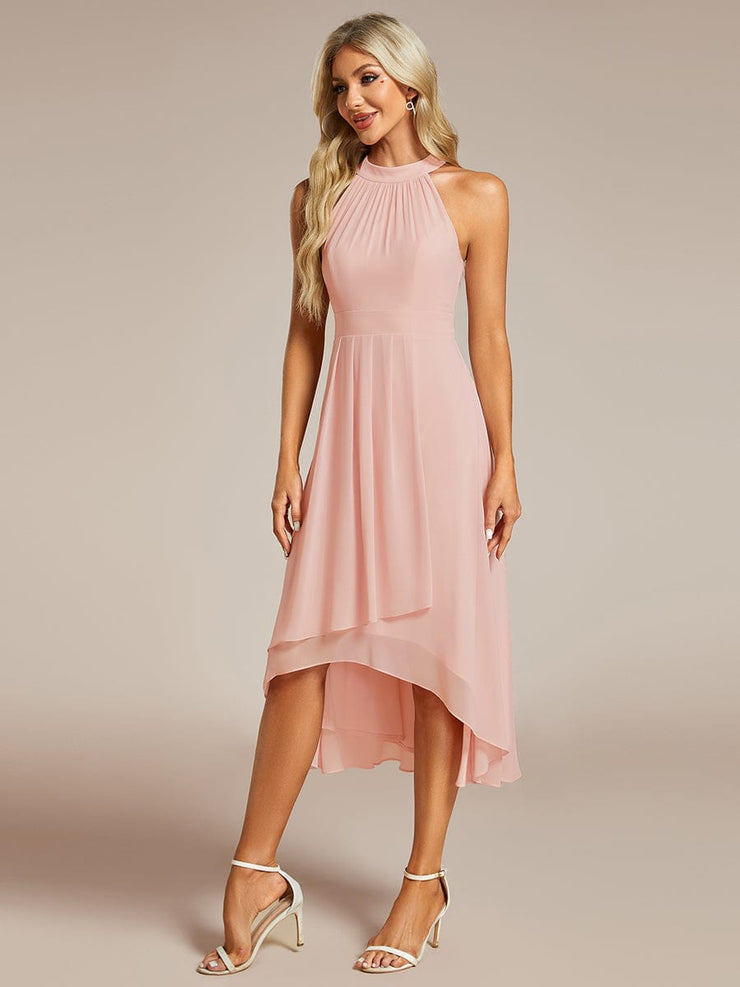 Midi A Line Sleeveless Halter Neck Wedding Guest Dress in Chiffon