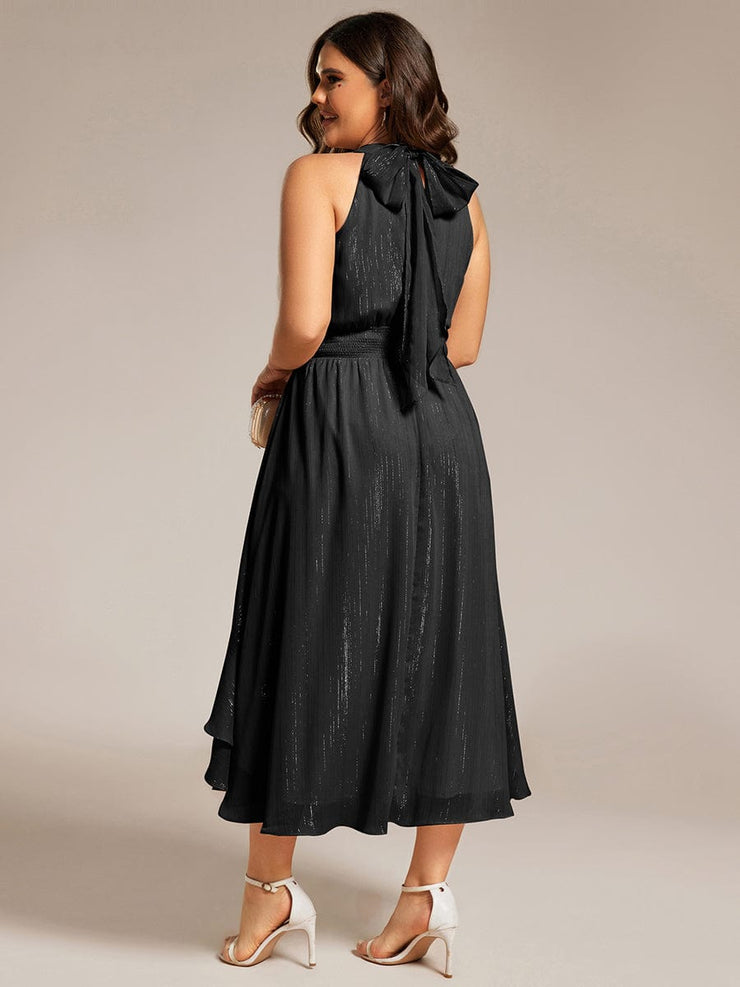 Shimmering Halter Neck Pleated High-Low Ruffle Wedding Guest Dress