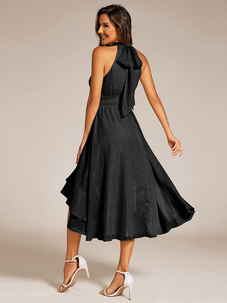 Shimmering Halter Neck Pleated High-Low Ruffle Wedding Guest Dress