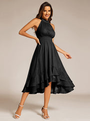 Shimmering Halter Neck Pleated High-Low Ruffle Wedding Guest Dress