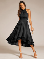 Shimmering Halter Neck Pleated High-Low Ruffle Wedding Guest Dress