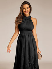 Shimmering Halter Neck Pleated High-Low Ruffle Wedding Guest Dress