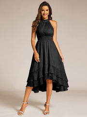 Shimmering Halter Neck Pleated High-Low Ruffle Wedding Guest Dress