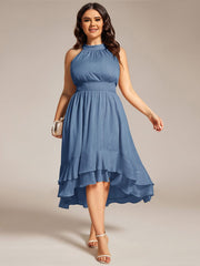 Shimmering Halter Neck Pleated High-Low Ruffle Wedding Guest Dress