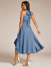 Shimmering Halter Neck Pleated High-Low Ruffle Wedding Guest Dress