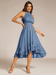 Shimmering Halter Neck Pleated High-Low Ruffle Wedding Guest Dress