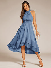 Shimmering Halter Neck Pleated High-Low Ruffle Wedding Guest Dress