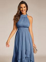 Shimmering Halter Neck Pleated High-Low Ruffle Wedding Guest Dress