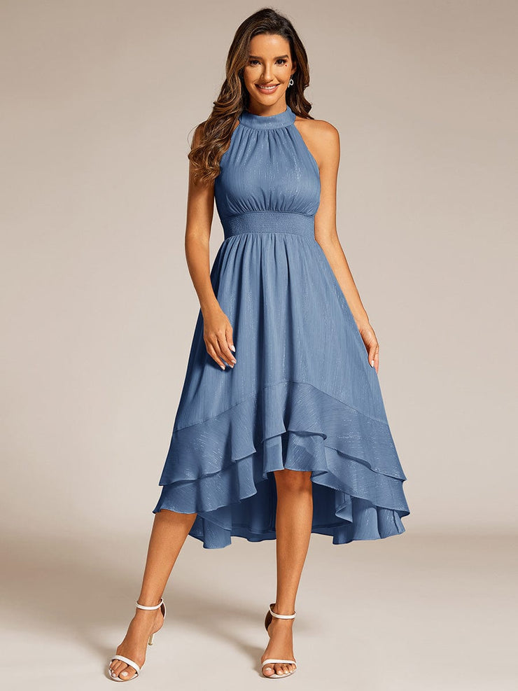 Shimmering Halter Neck Pleated High-Low Ruffle Wedding Guest Dress