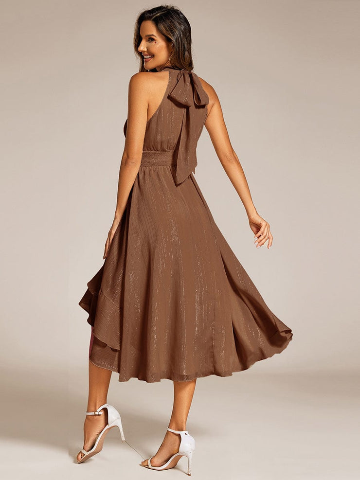 Custom Size Shimmering Halter Neck Pleated High-Low Ruffle Wedding Guest Dress