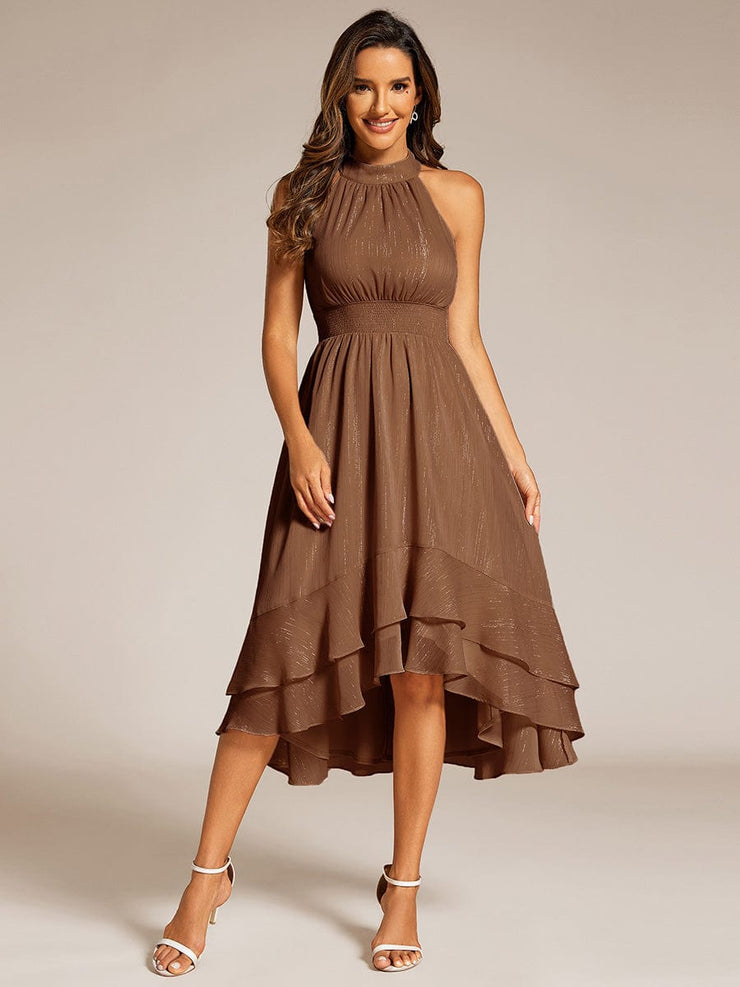 Custom Size Shimmering Halter Neck Pleated High-Low Ruffle Wedding Guest Dress