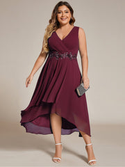 Sleeveless Chiffon High-Low Wedding Guest Dress with Waist Applique