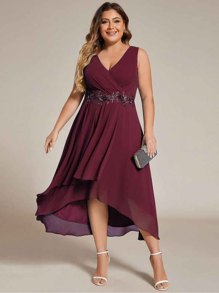 Plus Size Sleeveless Chiffon High-Low Wedding Guest Dress with Waist Applique