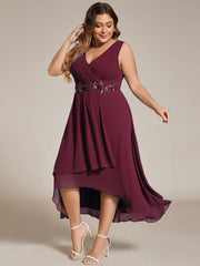 Plus Size Sleeveless Chiffon High-Low Wedding Guest Dress with Waist Applique