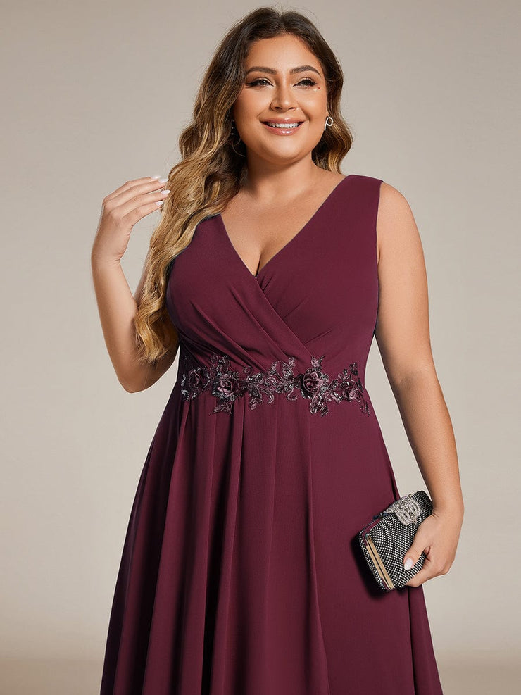 Plus Size Sleeveless Chiffon High-Low Wedding Guest Dress with Waist Applique