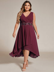 Plus Size Sleeveless Chiffon High-Low Wedding Guest Dress with Waist Applique