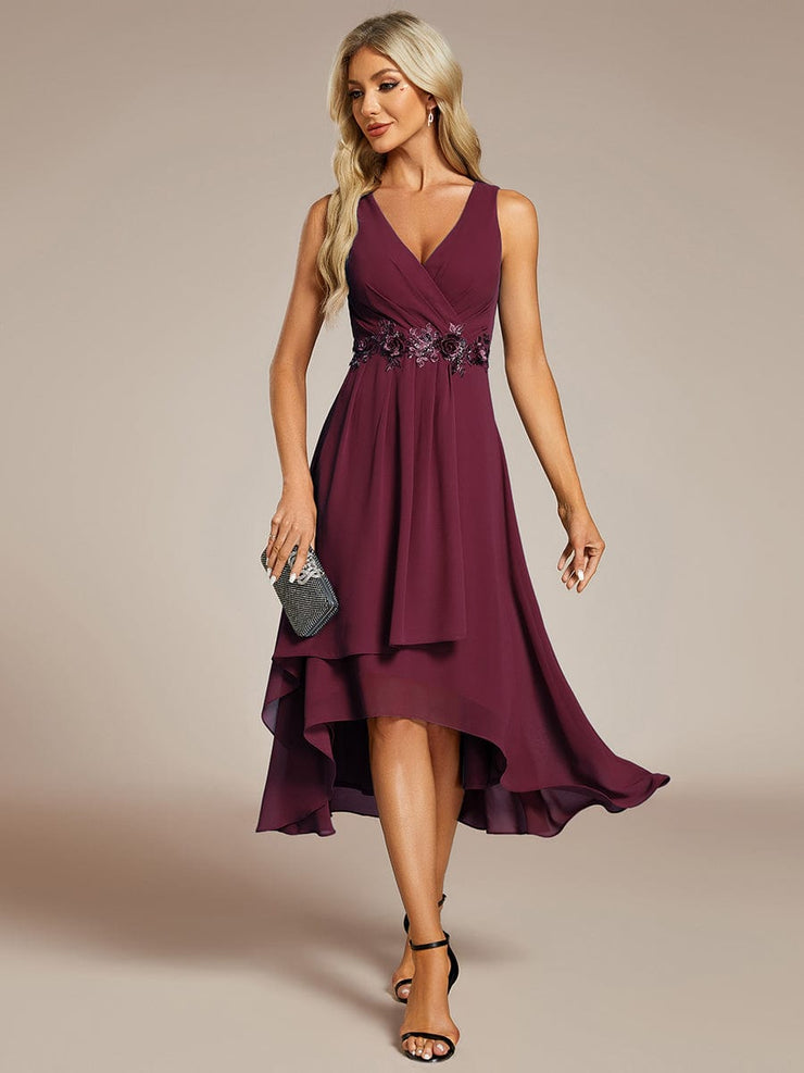 Sleeveless Chiffon High-Low Wedding Guest Dress with Waist Applique