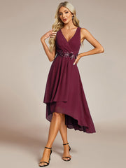 Sleeveless Chiffon High-Low Wedding Guest Dress with Waist Applique