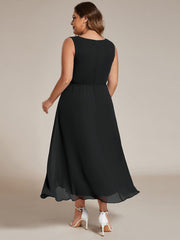 Plus Size Sleeveless Chiffon High-Low Wedding Guest Dress with Waist Applique