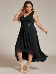 Plus Size Sleeveless Chiffon High-Low Wedding Guest Dress with Waist Applique