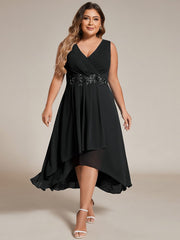 Sleeveless Chiffon High-Low Wedding Guest Dress with Waist Applique