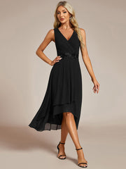 Sleeveless Chiffon High-Low Wedding Guest Dress with Waist Applique