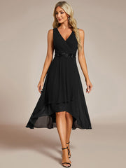 Sleeveless Chiffon High-Low Wedding Guest Dress with Waist Applique