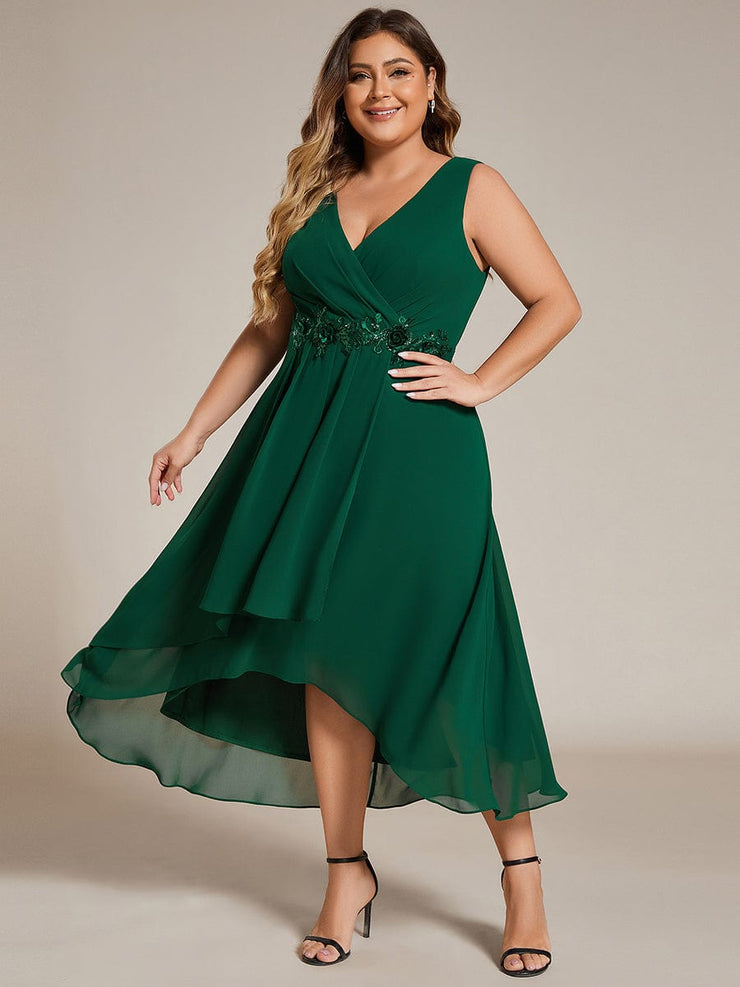 Plus Size Sleeveless Chiffon High-Low Wedding Guest Dress with Waist Applique