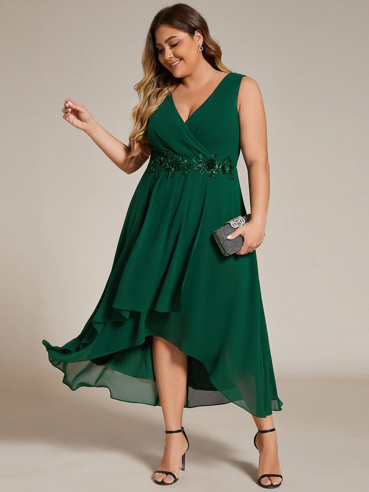 Plus Size Sleeveless Chiffon High-Low Wedding Guest Dress with Waist Applique