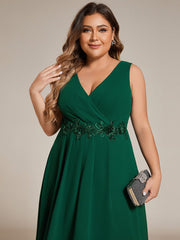 Plus Size Sleeveless Chiffon High-Low Wedding Guest Dress with Waist Applique