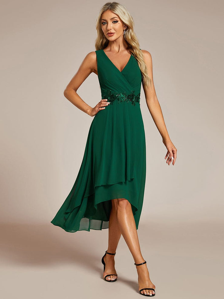 Sleeveless Chiffon High-Low Wedding Guest Dress with Waist Applique