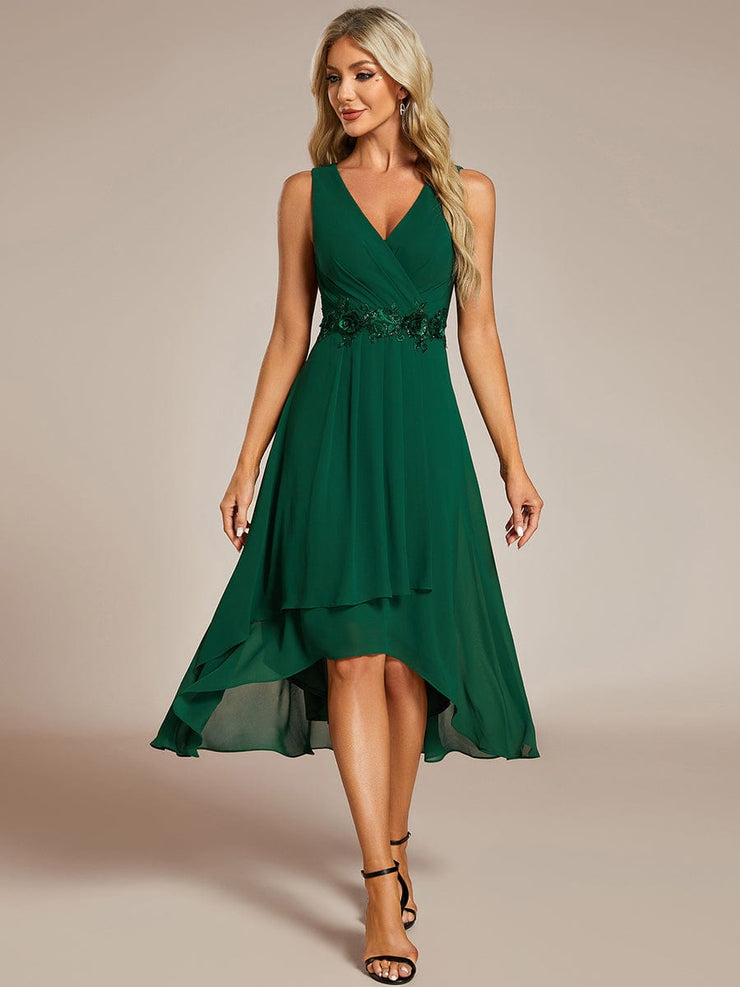 Sleeveless Chiffon High-Low Wedding Guest Dress with Waist Applique