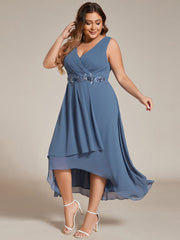 Plus Size Sleeveless Chiffon High-Low Wedding Guest Dress with Waist Applique