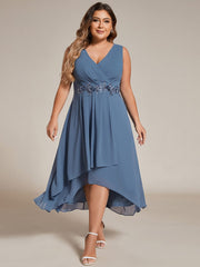 Plus Size Sleeveless Chiffon High-Low Wedding Guest Dress with Waist Applique